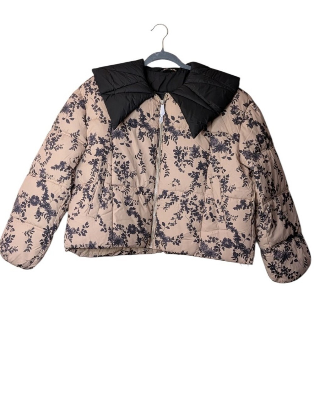 NWT Anthropologie Peter Pan Collar Printed Puffer Coat Beige Floral Jacket Small